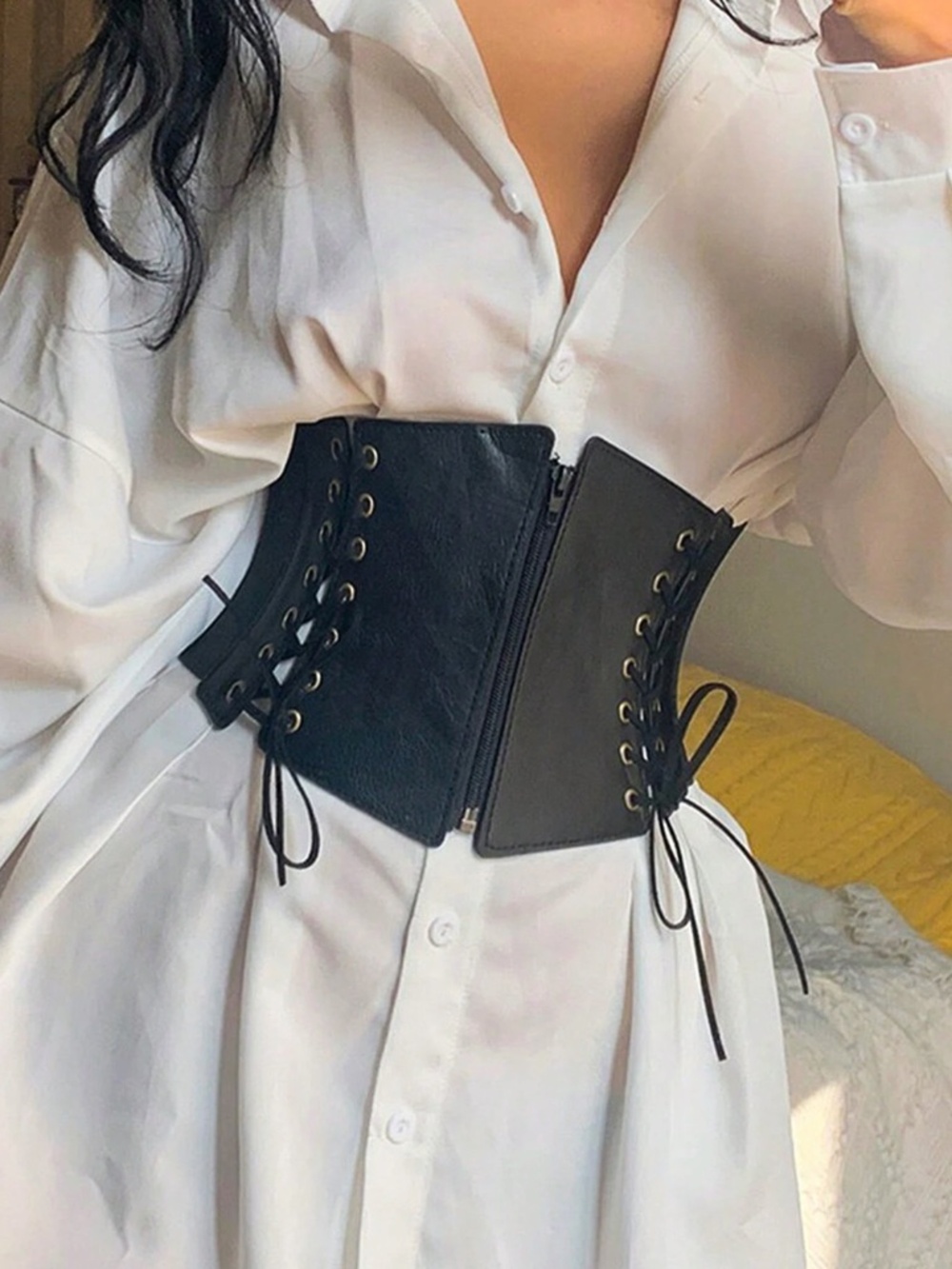 Black Corset Belt Zip Closure and Lace Up Sides